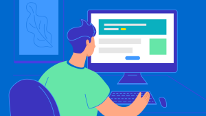 An illustration of a developer seated at a desk, reviewing a monitor and using a keyboard, with a mouse next to their right hand. There is a drawing to the left with a leaf image on it.