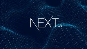 Next.js-Logo vor einem dunkelblauen Hintergrund mit wellenförmig angeordneten hellblauen Punkten