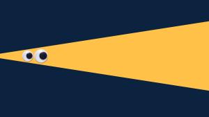 Imagen de un triángulo amarillo, como el haz de luz de una linterna, sobre un fondo negro y dos ojos