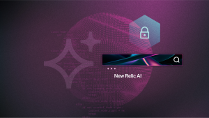 New Relic AIロゴ、検索バー、セキュリティロックを示す抽象的な画像