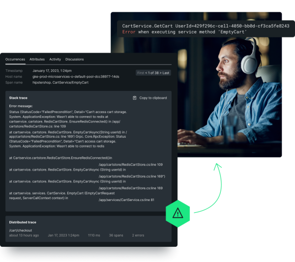 Página de monitoramento de erros mostrando stack trace, traces distribuídos e logs contextualizados para resolver um problema rapidamente.