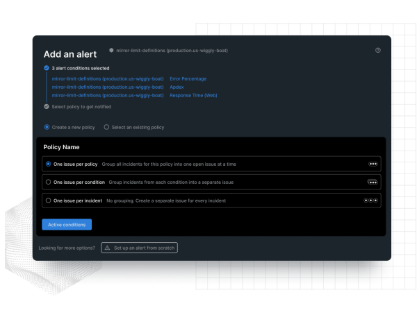 Interface de configuração de política de alertas na New Relic