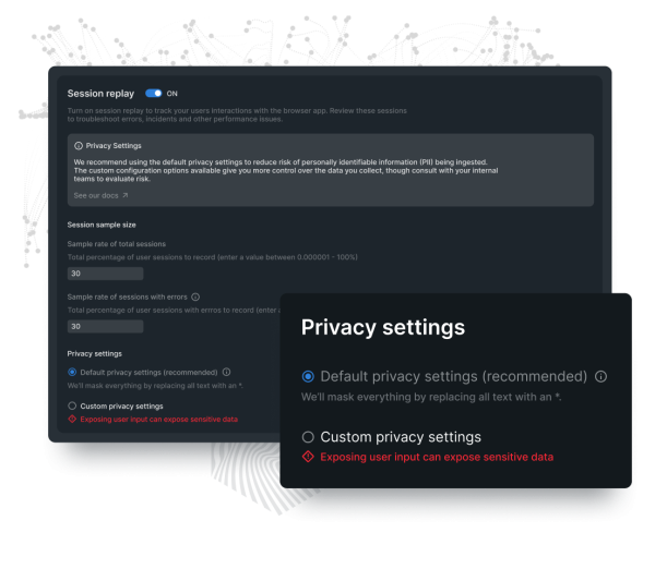 뉴렐릭 옵저버빌리티 플랫폼 내의 개인정보 보호 설정 창