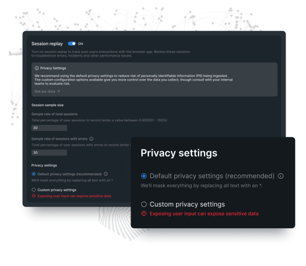 Datenschutzeinstellungen-Fenster in der New Relic Observability-Plattform.