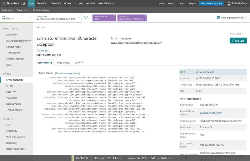 New Relic One WebPortal dashboard displaying an error message