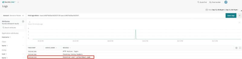 New Relic One dashboard presenting logs from a specific error transaction