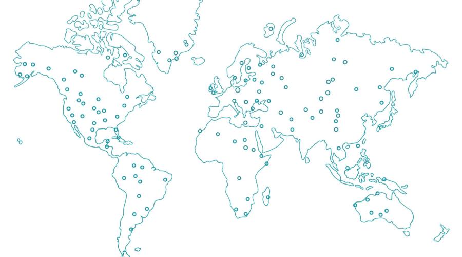 Blue nodes scattered across a map of the world
