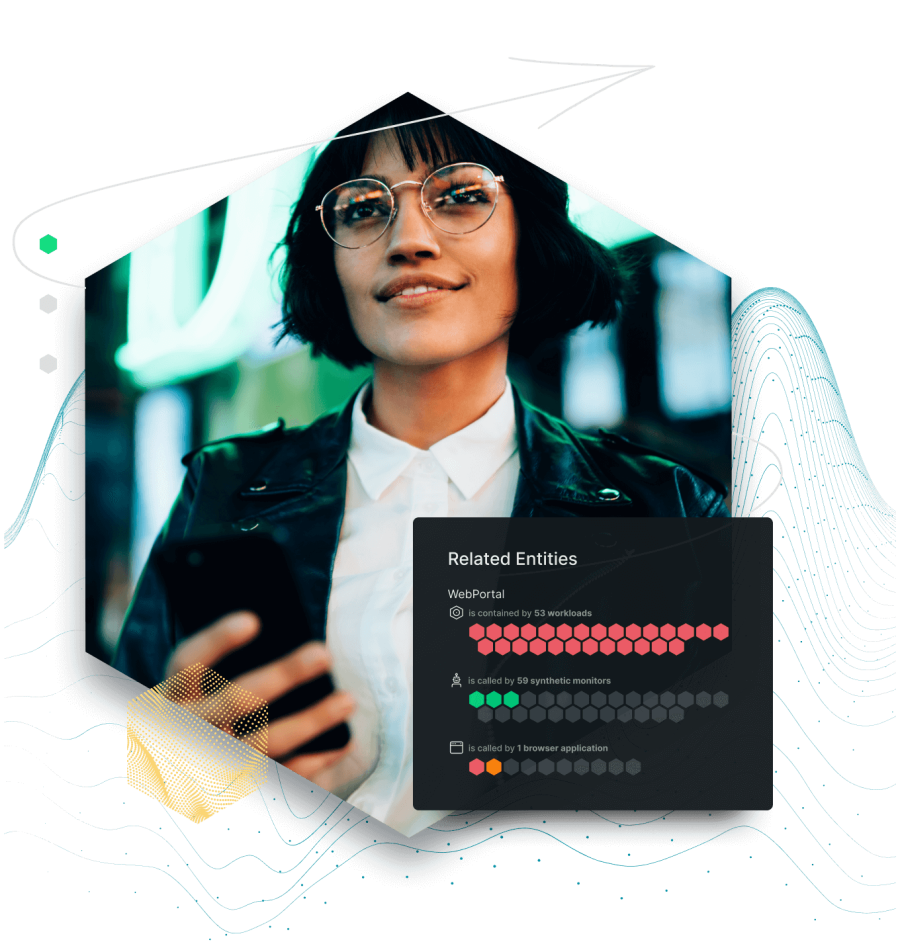 Person smiling with mobile phone depicting charts with New Relic