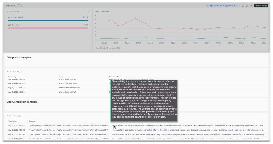 Captura de pantalla del inicio rápido de OpenAI Observability con solicitudes y finalizaciones