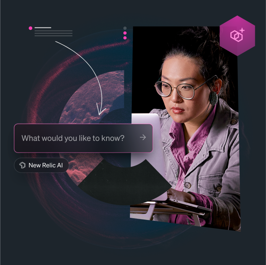 Woman on laptop overlayed with a chat input prompt labeled "New Relic AI" reading "What would you like to know?"