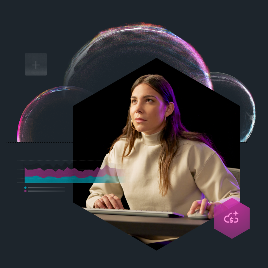 Woman with mouse and keyword inside a geometric shape overlayed with a line graph and a dollar sign icon.