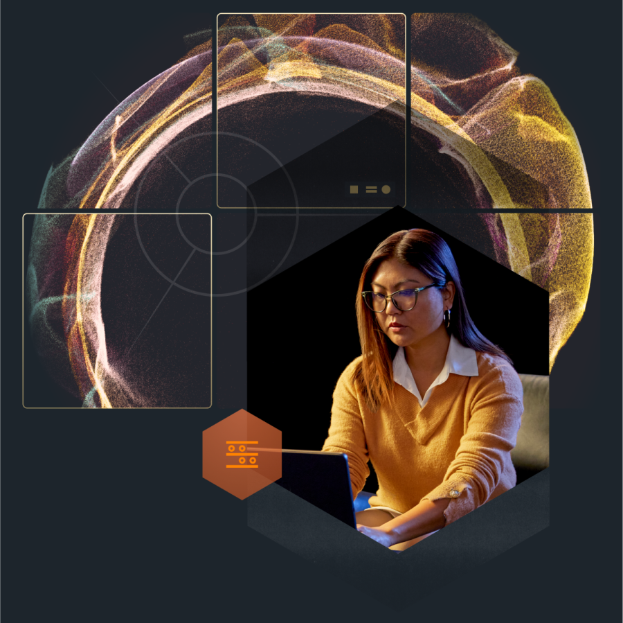 Woman on laptop with geometric graphics behind her.