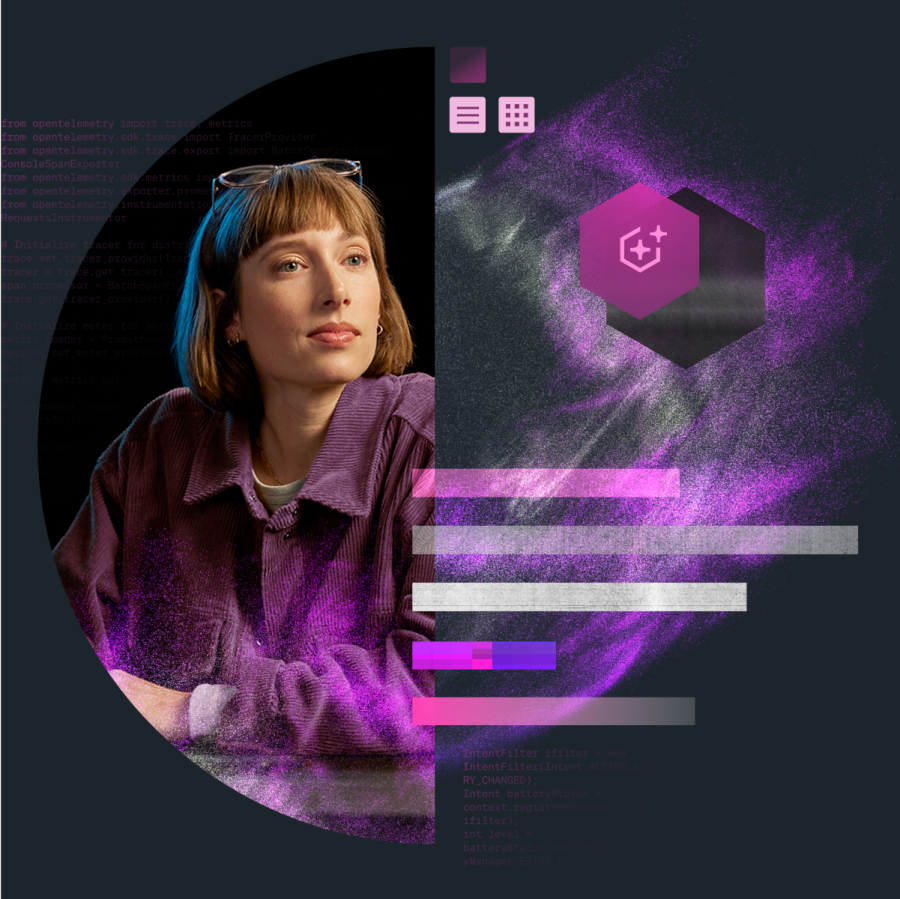 Woman inside a geometric shape overlayed with a bar chart.