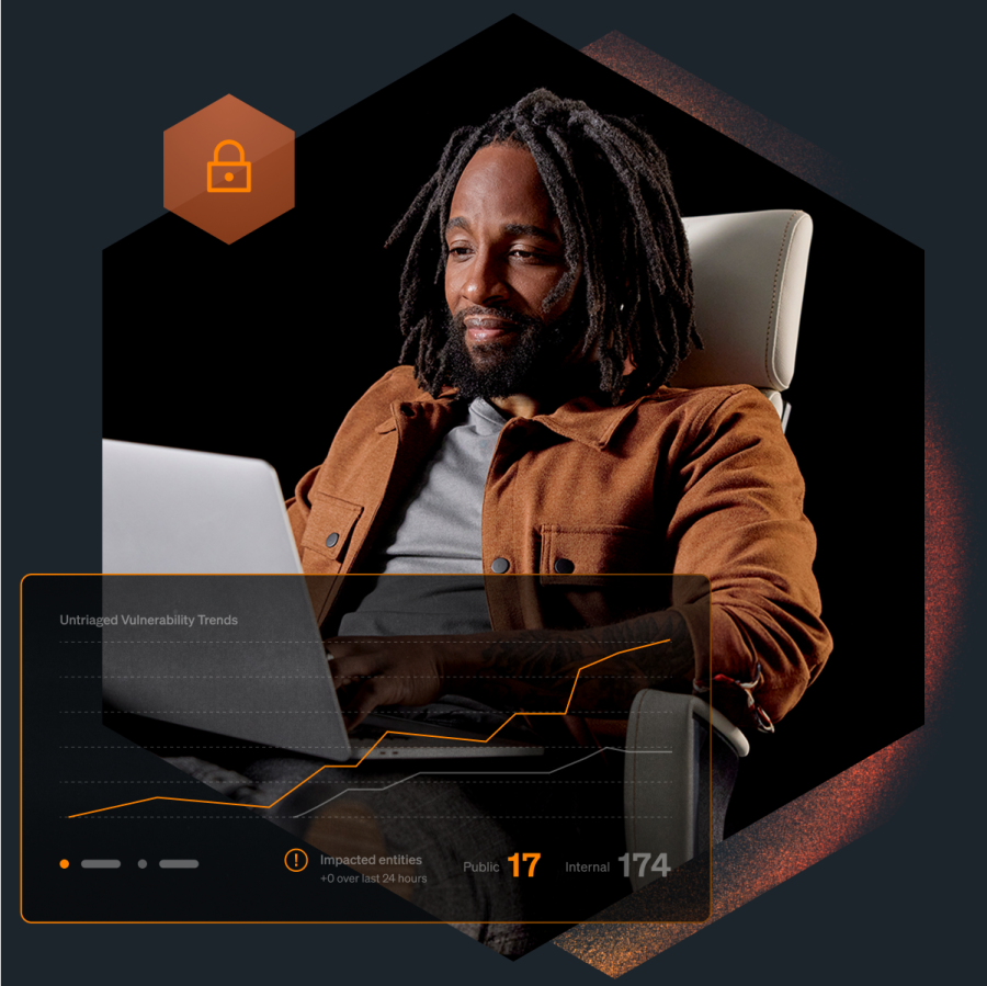 Man on laptop inside a geometric shape overlayed with a line graph labeled "Untriaged Vulnerability Trends."