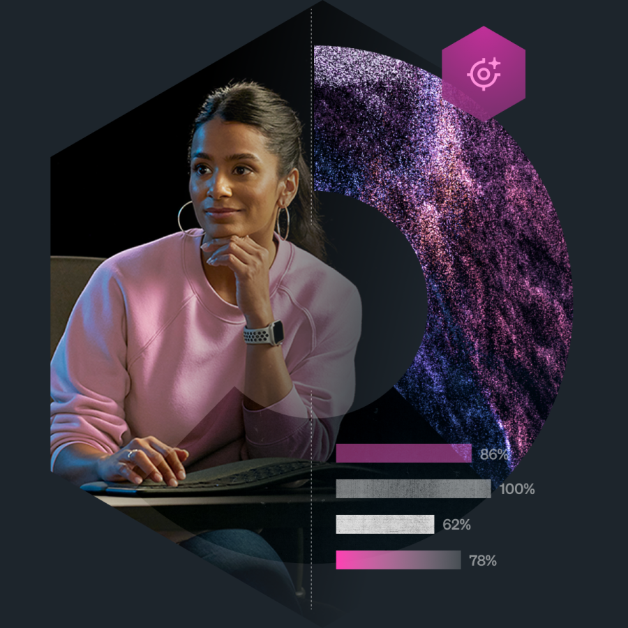 Woman inside geometric shape overlayed with percentage graphs.