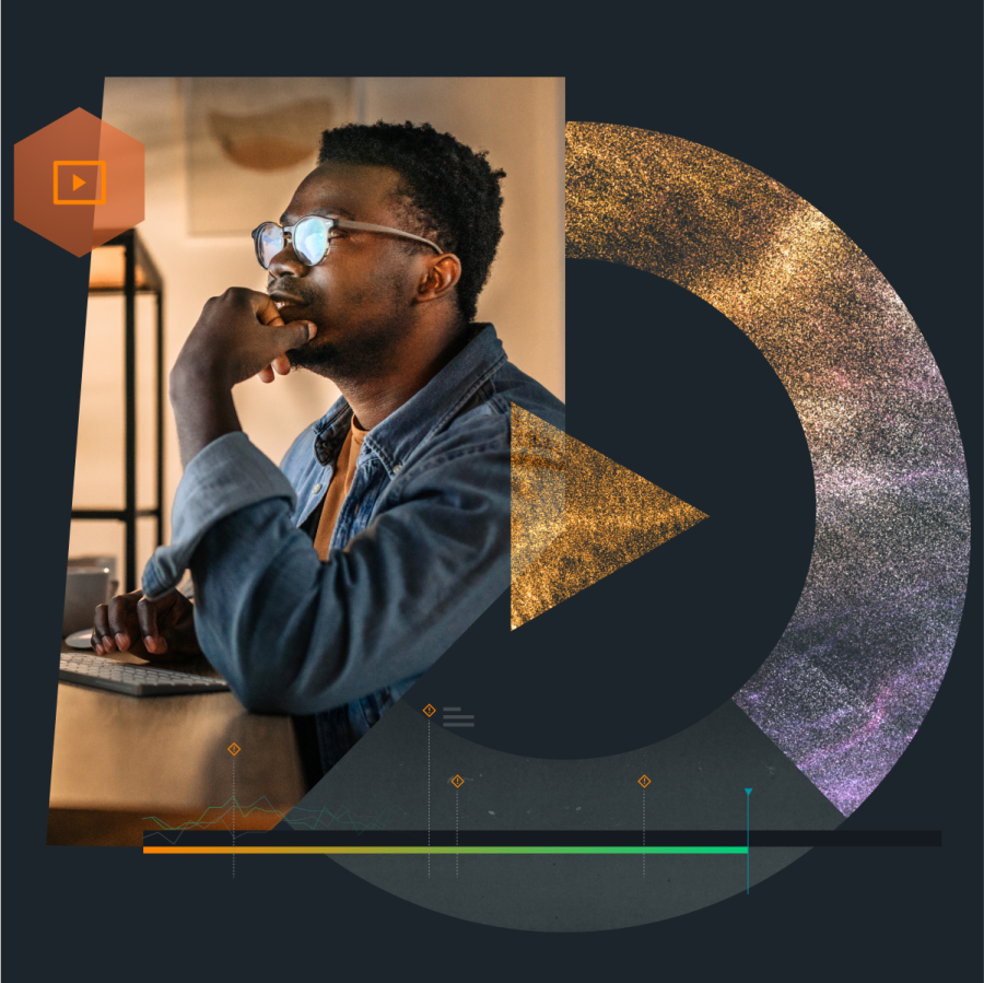 Man with computer keyboard inside a geometric shape overlayed with a large play media button.