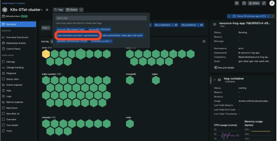「instrumentation provider: opentelemetry」というラベルの付いたタグが強調表示されたNew RelicのKubernetesクラスタ監視ダッシュボード。